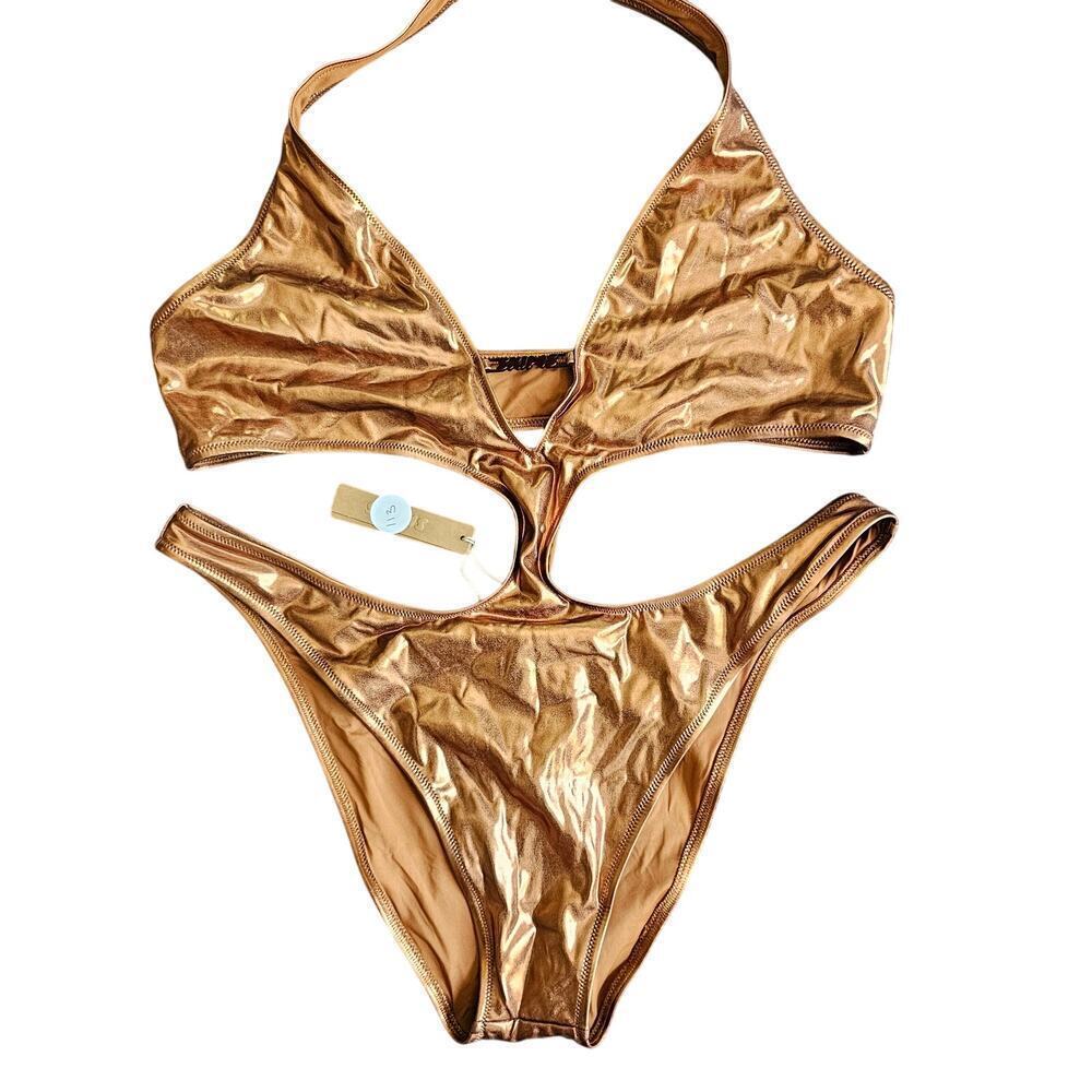 NWT Skims Women's Metallic Gold Penny Swim Halter Monokini Swimsuit Size 2X - Picture 2 of 6
